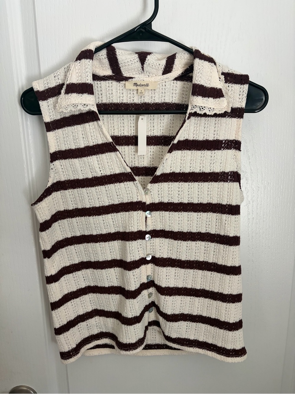Madewell Cream and Brown Striped Knit Sleeveless Button-Front Tank
